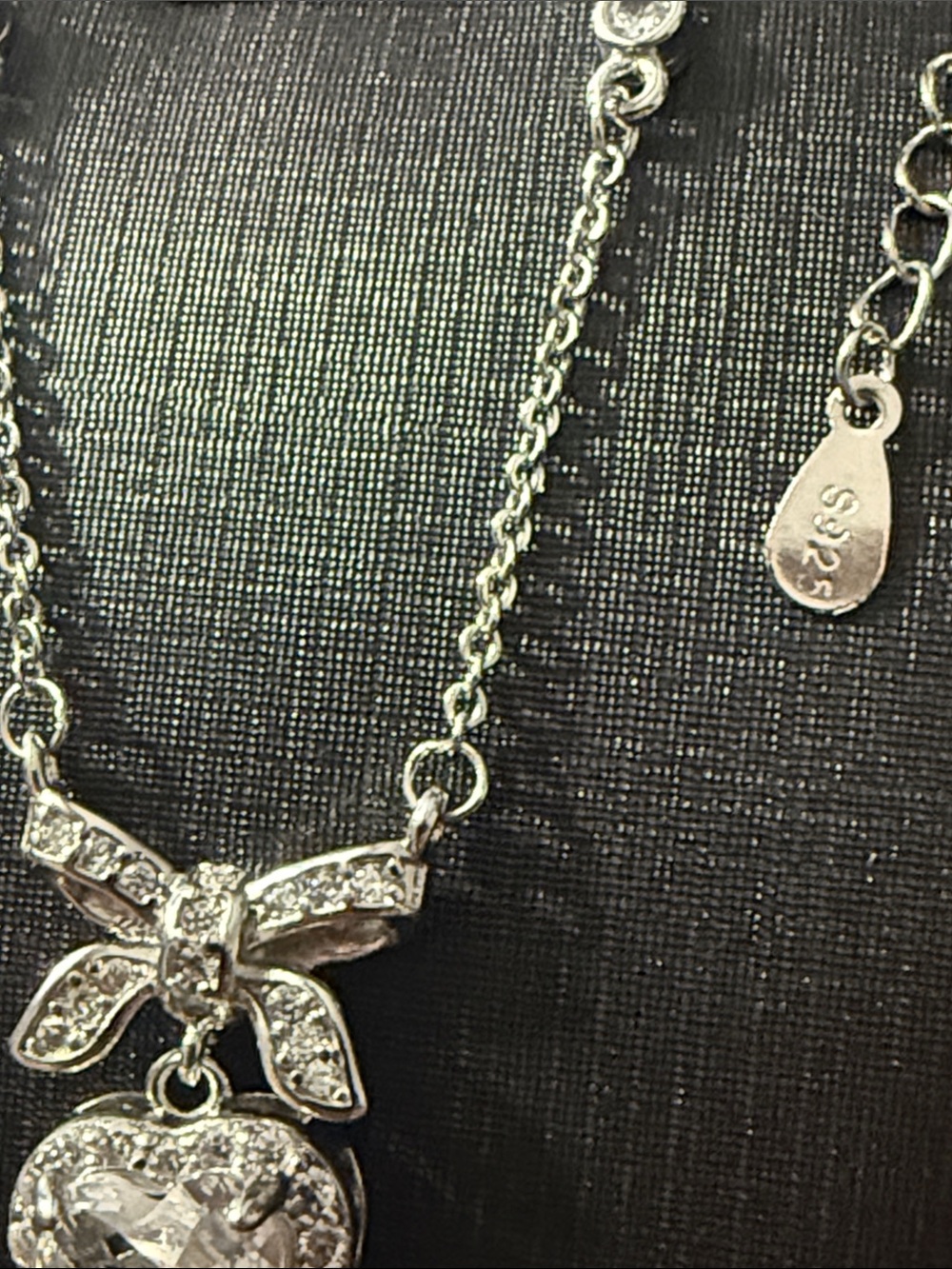 Sterling Silver Heart Pendant Bow Necklace Pendant Bow Necklace Rhinestone S925